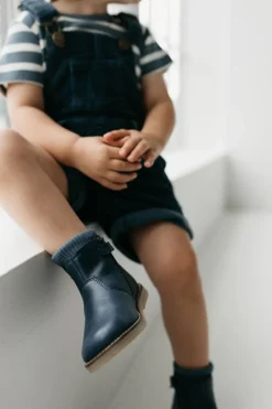 Leather Boot with Elastic Side - Navy