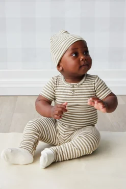 Organic Cotton Modal Lennon Beanie - Narrow Stripe Oak/Soft Clay