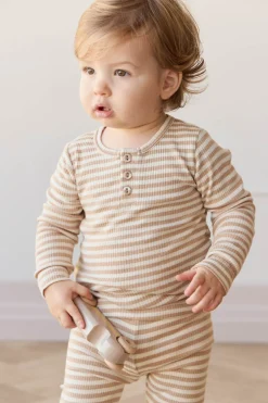 Organic Cotton Modal Long Sleeve Henley  - Narrow Stripe Baker/Cloud
