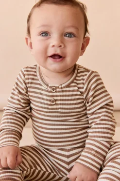 Organic Cotton Modal Long Sleeve Bodysuit - Narrow Stripe Thatch/Buff