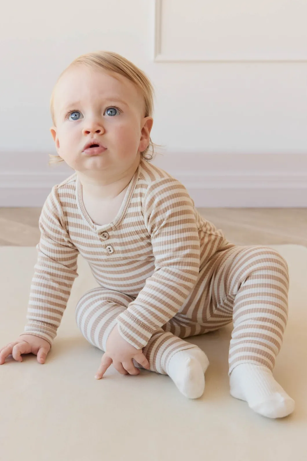 Organic Cotton Modal Long Sleeve Bodysuit - Narrow Stripe Baker/Cloud