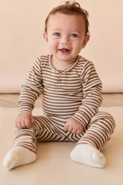 Organic Cotton Modal Long Sleeve Bodysuit - Narrow Stripe Thatch/Buff