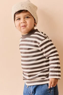 Pima Cotton Pedro Long Sleeve Tee - Essential Stripe Cloud/Dark Coffee